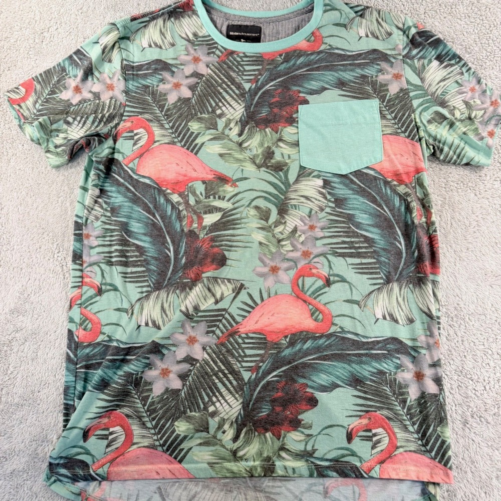 Modern Amusement T-Shirt Mens XL Green Flamingo Tropical Floral Pocket Tee
